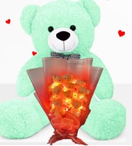 Hediye Sevgiliye 90cm Büyük Ayıcık ve Ledli 9 Ayıcıklı Ayıcık Buketi Peluş Set (Turkuaz)