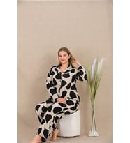 Amora Secret Büyük Beden Siyah Beyaz Kalp Desenli Düğmeli Uzun Kol Viskon Pijama Takımı