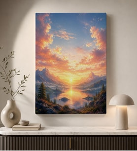 BK Gift Gün Batımında Dağ ve Göl Manzarası Turuncu Gökyüzü Doğa Temalı Kanvas Duvar Tablosu 50x70 cm
