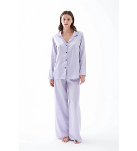 Giyim Kadın Lila Oversize Saten Pijama Takımı – Rahat Kesim Şık Ev Giyim Seti