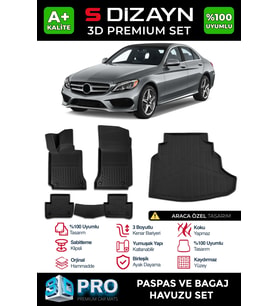 S-Dizayn Mercedes C Serisi W205 3D Pro Havuzlu Paspas ve Bagaj Havuzu Seti (2'li SET) 2014-2020 A+ Kalite