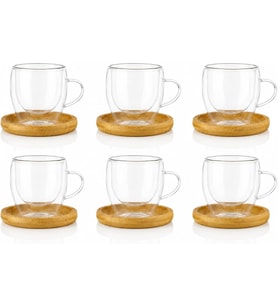 6'lı Çift Cidarlı Cam Kupa & Bambu Tabak Seti – Espresso & Türk Kahvesi Fincan Takımı 90 ml