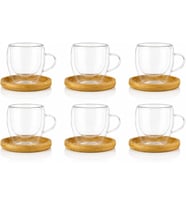 6'lı Çift Cidarlı Cam Kupa & Bambu Tabak Seti – Espresso & Türk Kahvesi Fincan Takımı 90 ml