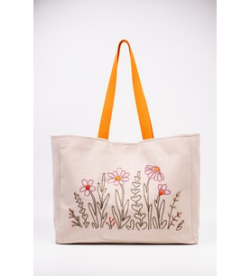Omuz Çanta – Nakışlı Keten Karışımlı Kumaş Tote Çanta