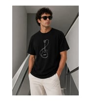 Erkek Minimal Gitar Baskılı Tişört T-Shirt Yazlık Kısa Kol Bisiklet Yaka T-Shirt - Siyah
