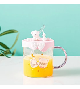 Livava Pipetli Tavşan Ve Ayıcık  Cam Kupa, 9x8,5