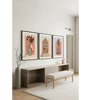 Çağdaş Sanat Vazo ve Bitki Tasarımlı 3’lü Ahşap Çerçeveli Tablo Seti