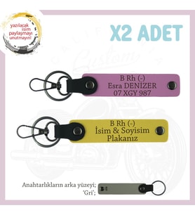Motosiklete Özel, İsim Plaka ve B Rh (-) Kan Grubu Yazılı Acil Durum 2'li Anahtarlık, Sarı-Pembe-Gr (Çok Renkli)