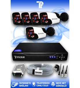 PICAM 5 Kameralı Panda 5 Dış Kamera Set HDD'siz Full HD Gece Görüşlü Güvenlik Kamerası Sistemi