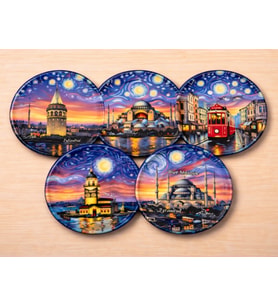 UPEKA 5'li İstanbul Temalı Van Gogh Tarz Hediyelik Metal Tabak Magnet Set Kutulu 5cm