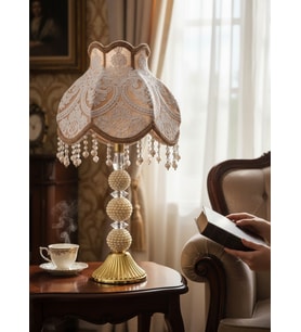 Koyu Gold Kadife Fransız Dantel Başlık İncili Gold Metal Ayaklı Klasik Abajur 50x25cm