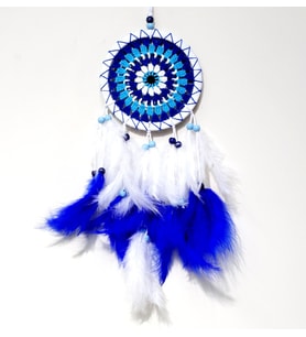 Nazar Boncuğu Desenli Bol Kuş Tüylü Beyaz Renk Dream Catcher El Yapımı Duvar Dek