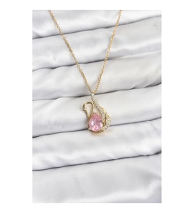 Mey İthalat® 316L Çelik Zincir Gold Renk Pembe Kuğu Model Zirkon Taşlı Kadın Kolye