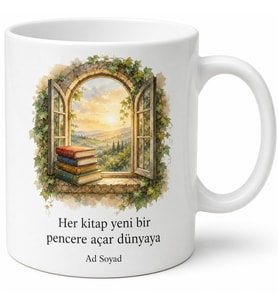 Kitap ve Pencere Temalı Özel Tasarım Baskılı Kupa Bardak Hediye