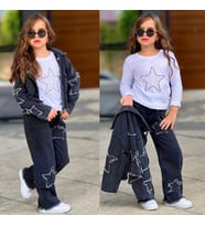 Kız Çocuk Yıldız Detaylı 3 Parça Denim Takım – Ceket, Pantolon ve Bluz 2613S (Siyah)