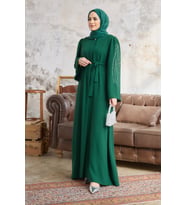 Rona Kolları Desenli Abaya - Zümrüt (Zümrüt Yeşili)