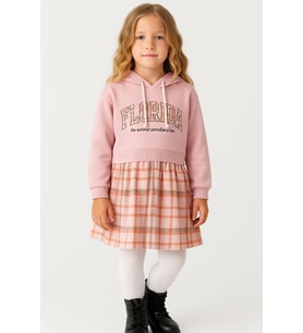 Kız Çocuk Sweatshirt Görünümlü Ekose Desenli Elbise-1710-P-