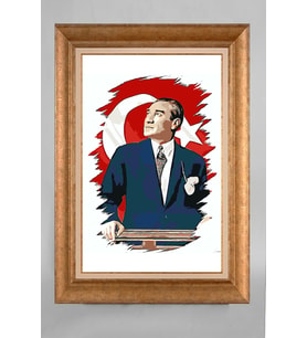 Altın Varaklı Çerçeveli Paspartulu Atatürk Tablo a79 (Gold)