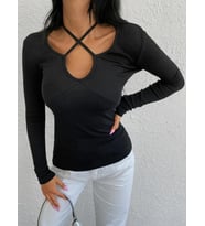 Kadın Uzun Kollu Dekolte Boyundan Bağlamalı Kaşkorse Bluz (Siyah)