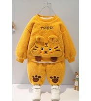 Unisex Bebek Çocuk Kışlık Peluş Welsoft Nakışlı 2'li Alt Üst Takım - Kahverengi