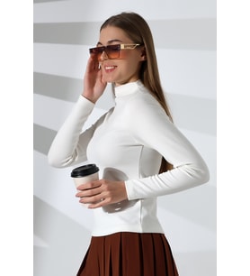 Lago Kadın Ultra Soft Touch Içe Kıvrık Yarım Balıkçı Uzun Kollu Bluz & Top & Kazak - (Ekru)