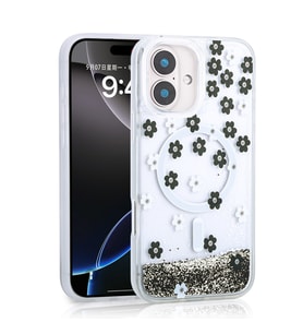 iPhone 16 Kılıf Sıvılı Simli Baskılı Şeffaf Arka Yüzey Mossa Silikon Kılıf (Siyah)