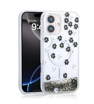 iPhone 16 Kılıf Sıvılı Simli Baskılı Şeffaf Arka Yüzey Mossa Silikon Kılıf (Siyah)