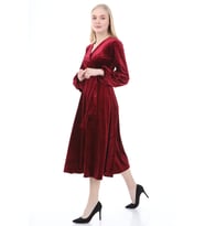 KADIN V YAKA BELİ KUŞAKLI ELBİSE (Bordo)