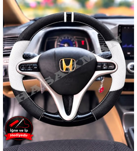 Honda Civic FD6 Dikme Direksiyon Kılıfı Delikli Deri Parlak Siyah Beyaz Detay Çift Yüzük ve Dikiş 2006-2012