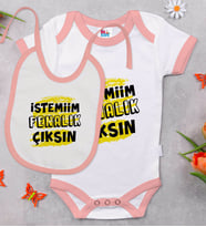 BK Kids İstemiim Fenalık Çıksın Tasarımlı Pembe Bebek Body Zıbın ve Mama Önlüğü Hediye Seti-1