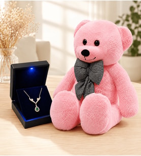 Işıklı Kutuda 925 Ayar Gümüş Yeşil Damla Taşlı Tasarım Kolye ve 80 cm Pembe Peluş Ayıcık Hediye