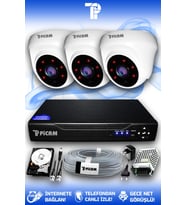 PICAM 3 Kameralı Dome 3 İç Kamera Set 1 TB HDD Full HD Gece Görüşlü Güvenlik Kamerası Sistemi