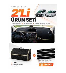 RENAULT KANGOO 3 (2010-2018) Uyumlu Torpido Örtüsü + Deri Bagaj Çantası + Sticker Seti - Siyah Bej