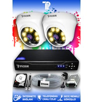 PICAM 2 Kameralı Dome 2 İç Kamera Set 100 GB HDD Full HD Renkli Gece Görüşlü Güvenlik Kamerası Sistemi
