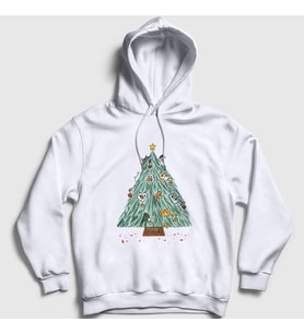 Presmono Unisex Beyaz Kedili Çam Ağacı Yılbaşı Kapüşonlu Sweatshirt 269960tt