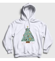 Presmono Unisex Beyaz Kedili Çam Ağacı Yılbaşı Kapüşonlu Sweatshirt 269960tt