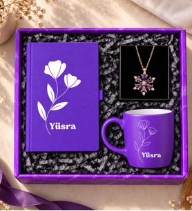 Kişiye Özel Mor Kupa & Mor Defter & Lotus Kolye İsme Özel Hediye Seti