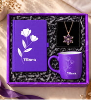 Kişiye Özel Mor Kupa & Mor Defter & Lotus Kolye İsme Özel Hediye Seti