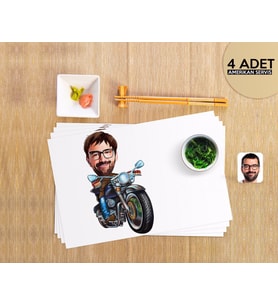 BK Gift Kişiye Özel Erkek Motorcu Karikatürlü 4 Adet Amerikan Servis Seti-2 (Beyaz)