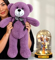 Kişiye Özel 3 Fotoğraflı Yazılı LED Işıklı Fanus ve Büyük Mor Peluş Ayıcık (şans melekli)