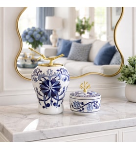 Dekoratif Obje Ful Set Mavi Çiçekli Şah Küp Mavi Çiçekli Obje Gold - Feray Home