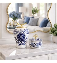 Dekoratif Obje Ful Set Mavi Çiçekli Şah Küp Mavi Çiçekli Obje Gold - Feray Home