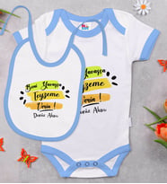 BK Kids Kişiye Özel Beni Yavaşça Teyzeme Verin Tasarımlı Mavi Bebek Body Zıbın ve Mama Önlüğü Hediye Seti