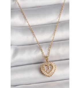 316L Çelik Gold Renk Zincir Zirkon Taşlı Kalp Model Kadın Kolye TJ-BKO9786
