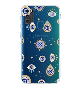 PrintiFy Samsung Galaxy M21 ile Uyumlu Nazar Boncuğu 5  Kamera Korumalı Şeffaf Silikon Kılıf