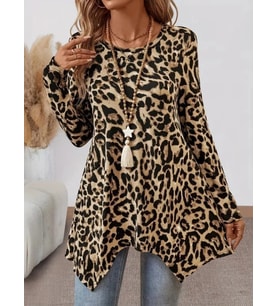 pilelistore- Kadın Uzun Kollu Bisiklet Yaka Leopar Desenli Süprem Bluz