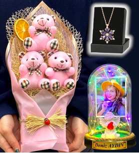 Size Özel Renkli Led Işıklı Fanus, Büyük Boy Ayıcık Buketi ve Gerçek Ametist Taşlı Lotus Kolye (Model 6)