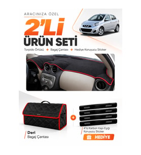 e-biz NİSSAN MİCRA MARCH (2010-2016) Uyumlu Torpido Örtüsü + Deri Çanta - Siyah-Kırmızı - NI008