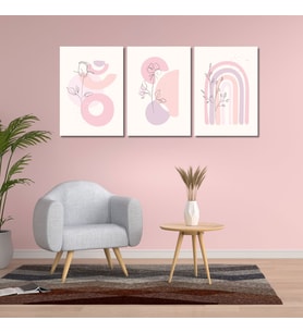 3'lü Kanvas Çocuk Odası Pembe Soyut Çiçek Desenli Tablo Seti