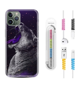 Apple iPhone 11 12 13 14 Pro Max Kılıf Kablo Koruma Spiral Silikon Purple Leopar 1750